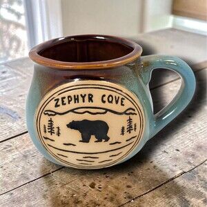 Zephyr Cove Nevada Souvenir Mug Bear Lake Tahoe Blue Brown Glaze Pottery 4 Inch